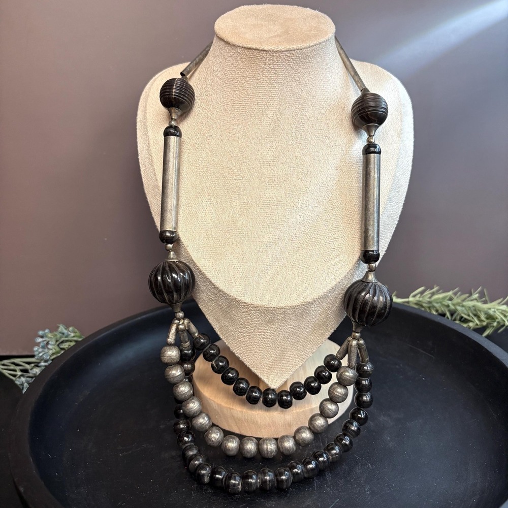 Vintage Black‎ & Gunmetal Multi Strand Necklace | Layer Beaded Statement 22 In